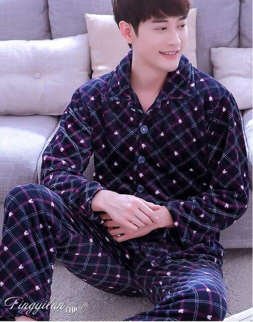 Adult Fleece Pajamas Long Sleeve Men's Thickened Flannel Homewear Coral Fleece Nightwear Male Velvet Casual Nightgown D2063