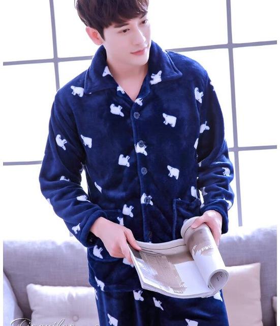 Adult Fleece Pajamas Long Sleeve Men's Thickened Flannel Homewear Coral Fleece Nightwear Male Velvet Casual Nightgown D2063