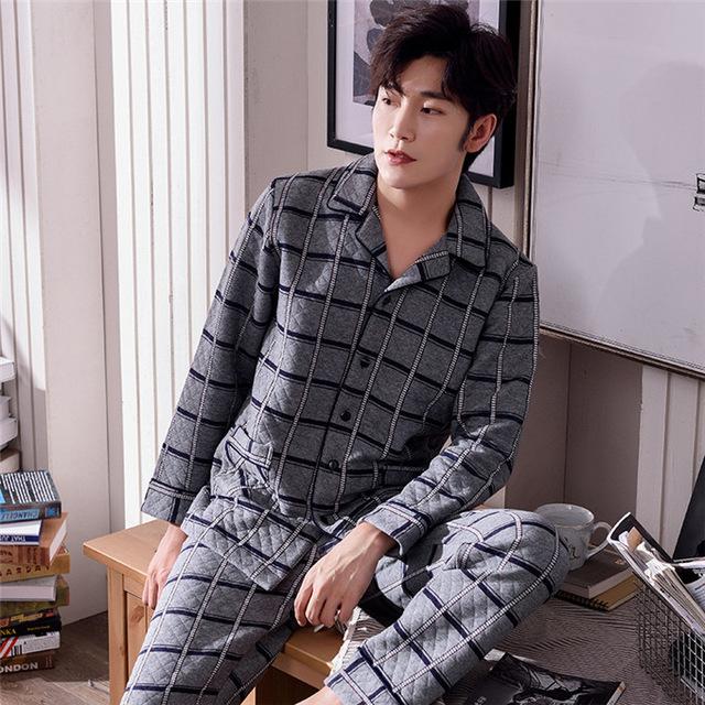Winter Warm Long Cotton Padded Men's Pyjamas Nave Pajamas Set Casual Sleepwear Pyjamas Nightwear Pijamas Size 3XL Home Clothing