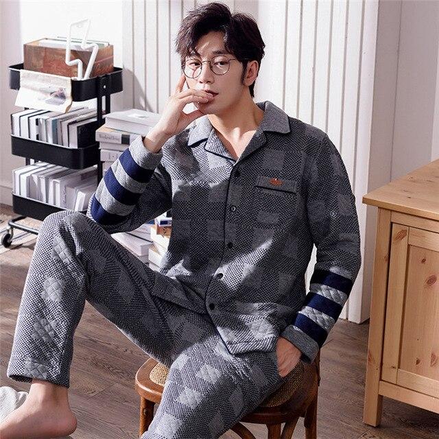 Winter Warm Long Cotton Padded Men's Pyjamas Nave Pajamas Set Casual Sleepwear Pyjamas Nightwear Pijamas Size 3XL Home Clothing