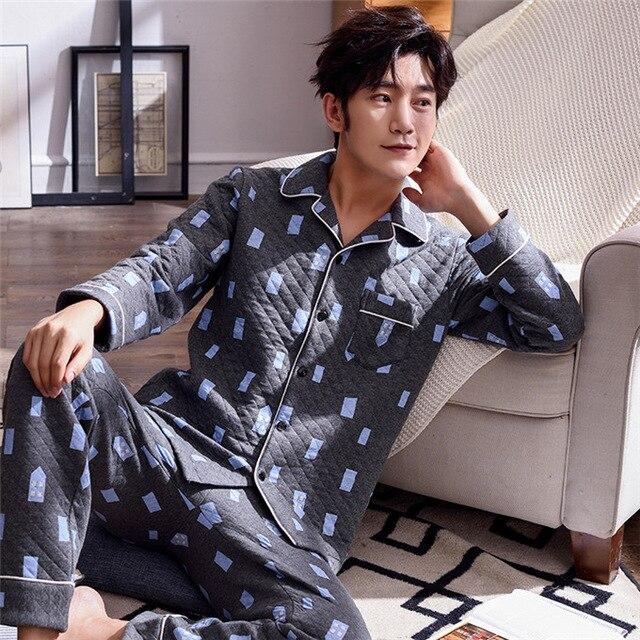Winter Warm Long Cotton Padded Men's Pyjamas Nave Pajamas Set Casual Sleepwear Pyjamas Nightwear Pijamas Size 3XL Home Clothing
