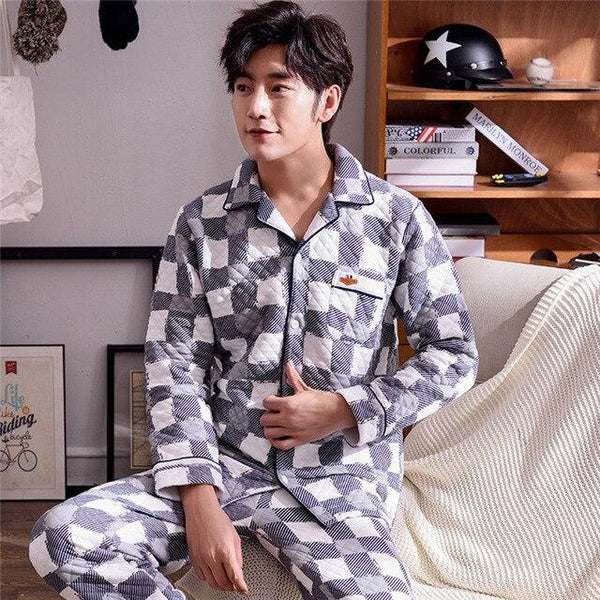 Winter Warm Long Cotton Padded Men's Pyjamas Nave Pajamas Set Casual Sleepwear Pyjamas Nightwear Pijamas Size 3XL Home Clothing