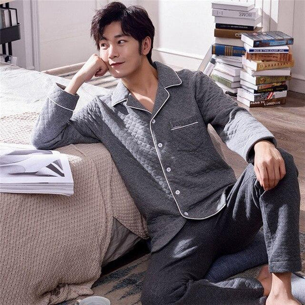Winter Warm Long Cotton Padded Men's Pyjamas Nave Pajamas Set Casual Sleepwear Pyjamas Nightwear Pijamas Size 3XL Home Clothing