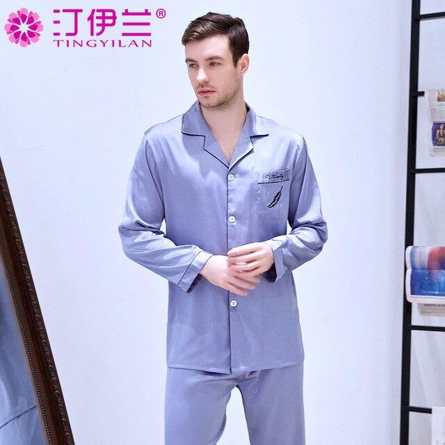 Men's Silk Long-sleeved Home Clothes Students Sleepwear Set Loungewear Satin Leisure Youth Plus Size All Seasons Nightwear J012