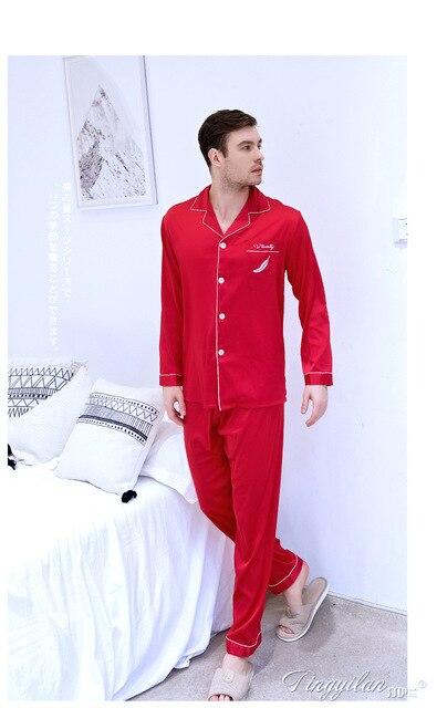 Men's Silk Long-sleeved Home Clothes Students Sleepwear Set Loungewear Satin Leisure Youth Plus Size All Seasons Nightwear J012