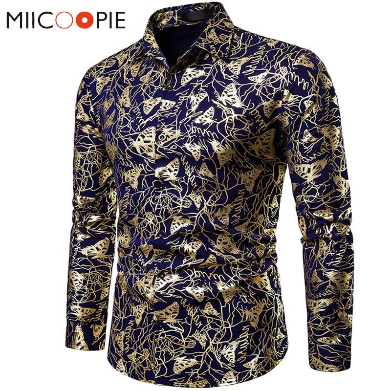Mens Shirts Long Sleeve 2019 Night Club Party Prom Wear Dress Shirt Men Casual Golden Butterfly Printed Camisa Social Masculina