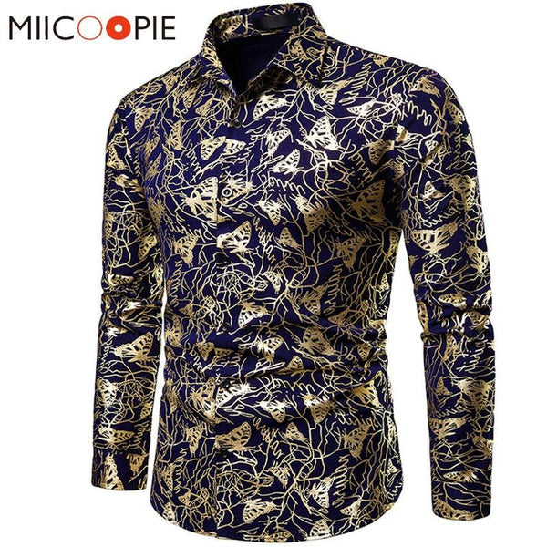 Mens Shirts Long Sleeve 2019 Night Club Party Prom Wear Dress Shirt Men Casual Golden Butterfly Printed Camisa Social Masculina