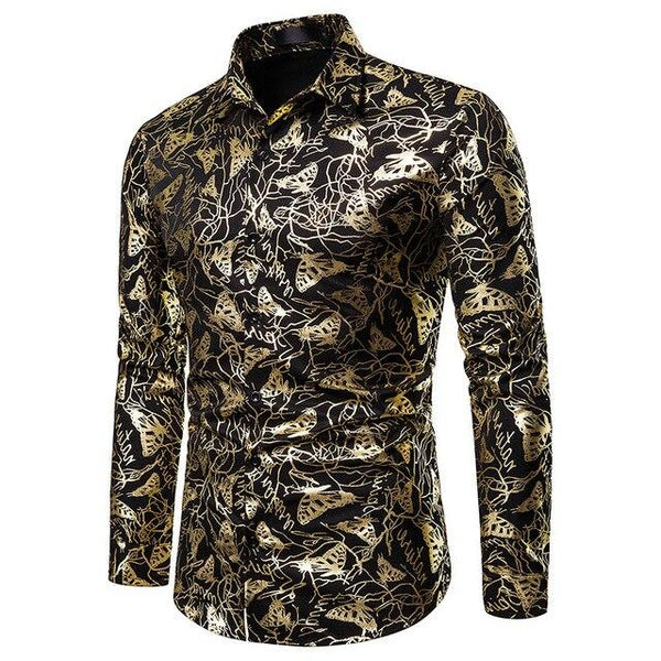 Mens Shirts Long Sleeve 2019 Night Club Party Prom Wear Dress Shirt Men Casual Golden Butterfly Printed Camisa Social Masculina