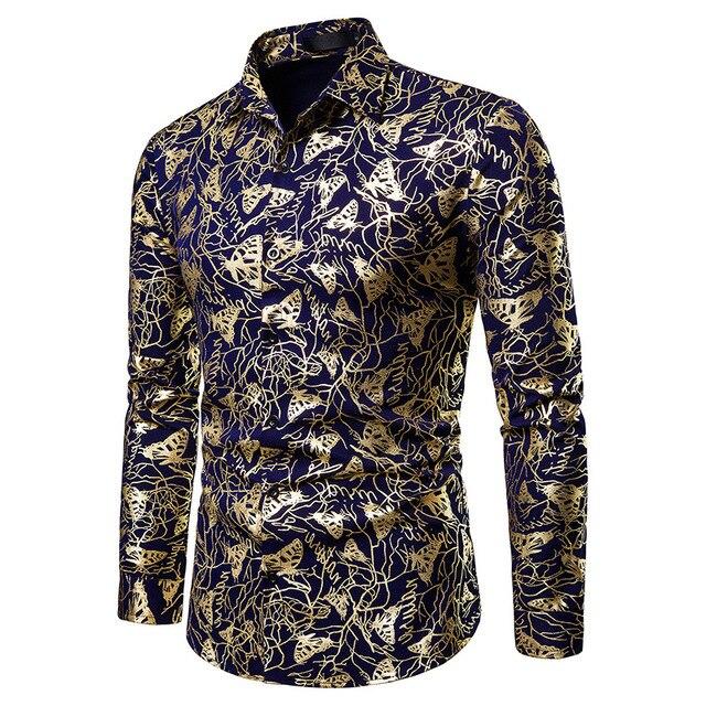 Mens Shirts Long Sleeve 2019 Night Club Party Prom Wear Dress Shirt Men Casual Golden Butterfly Printed Camisa Social Masculina