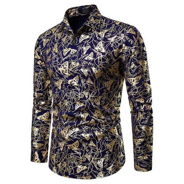 Mens Shirts Long Sleeve 2019 Night Club Party Prom Wear Dress Shirt Men Casual Golden Butterfly Printed Camisa Social Masculina