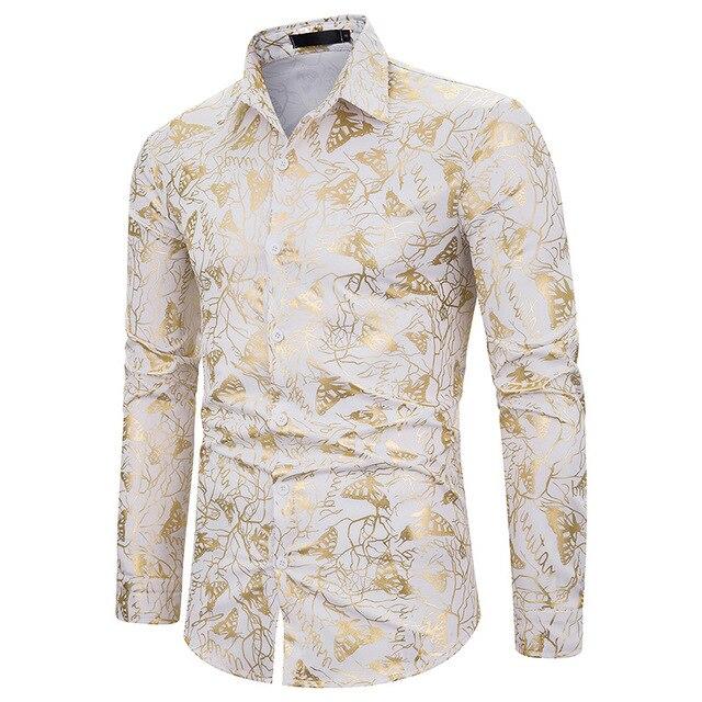 Mens Shirts Long Sleeve 2019 Night Club Party Prom Wear Dress Shirt Men Casual Golden Butterfly Printed Camisa Social Masculina