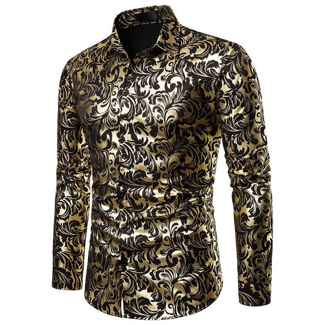 Mens Shirts Long Sleeve 2019 Night Club Party Prom Wear Dress Shirt Men Casual Golden Butterfly Printed Camisa Social Masculina