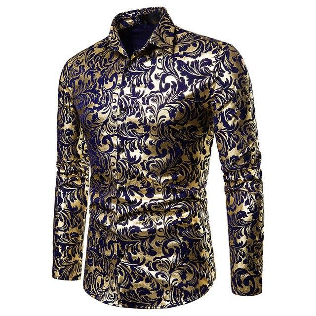 Mens Shirts Long Sleeve 2019 Night Club Party Prom Wear Dress Shirt Men Casual Golden Butterfly Printed Camisa Social Masculina