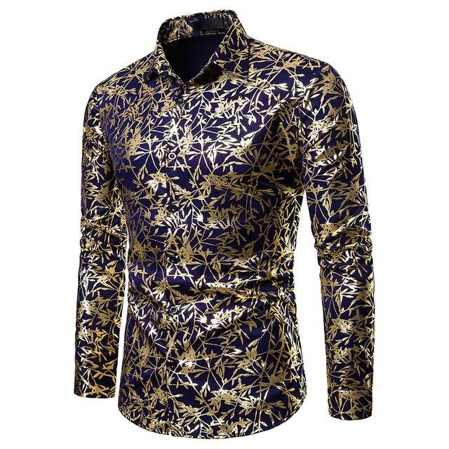 Mens Shirts Long Sleeve 2019 Night Club Party Prom Wear Dress Shirt Men Casual Golden Butterfly Printed Camisa Social Masculina