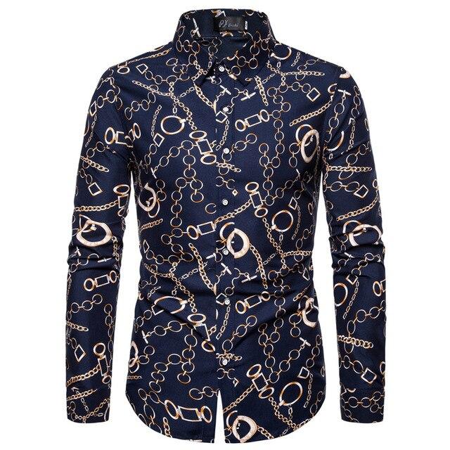 2019 Slim Fit Men Shirt Brand New Long Sleeve Print Mens Casual Shirts Night Club/Party/Prom Dress Shirt Male Clothing