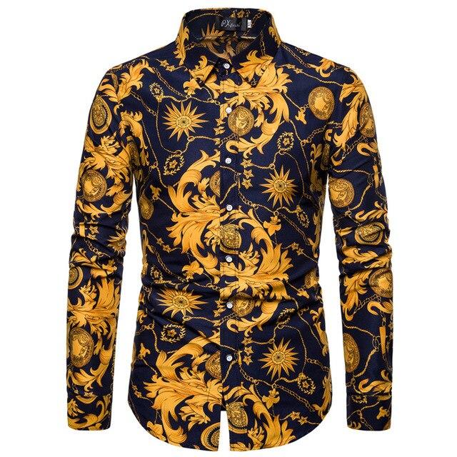 2019 Slim Fit Men Shirt Brand New Long Sleeve Print Mens Casual Shirts Night Club/Party/Prom Dress Shirt Male Clothing
