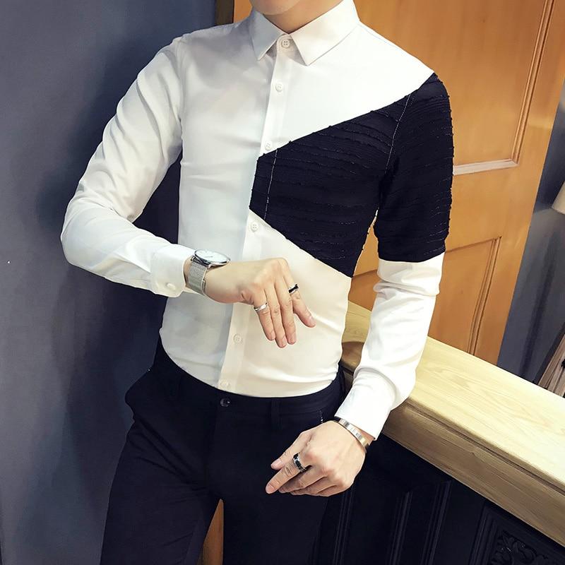 Hot Sale Men Spring Shirt 2018 Korean Patchwork Design Shirt Dress Men Slim Fit Long Sleeve Casual Night Club Social Shirts Male