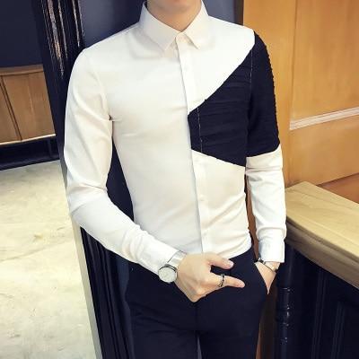 Hot Sale Men Spring Shirt 2018 Korean Patchwork Design Shirt Dress Men Slim Fit Long Sleeve Casual Night Club Social Shirts Male