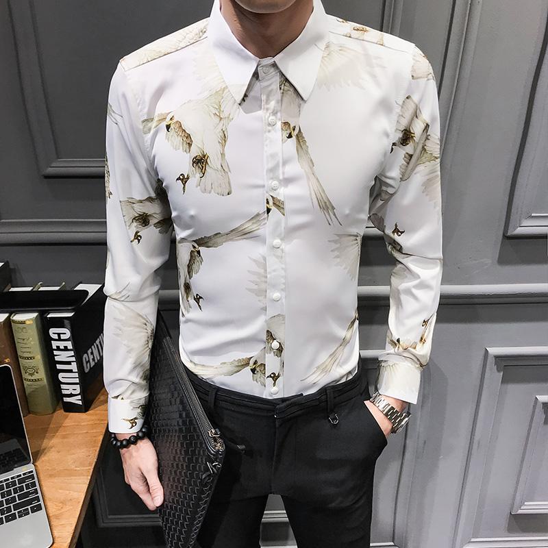 New Arrival 2019 Camisa Masculina Slim Fit Brand Print Long Sleeve Shirt Men Night Club Prom Tuxedo Men Dress 3XL-M Hot