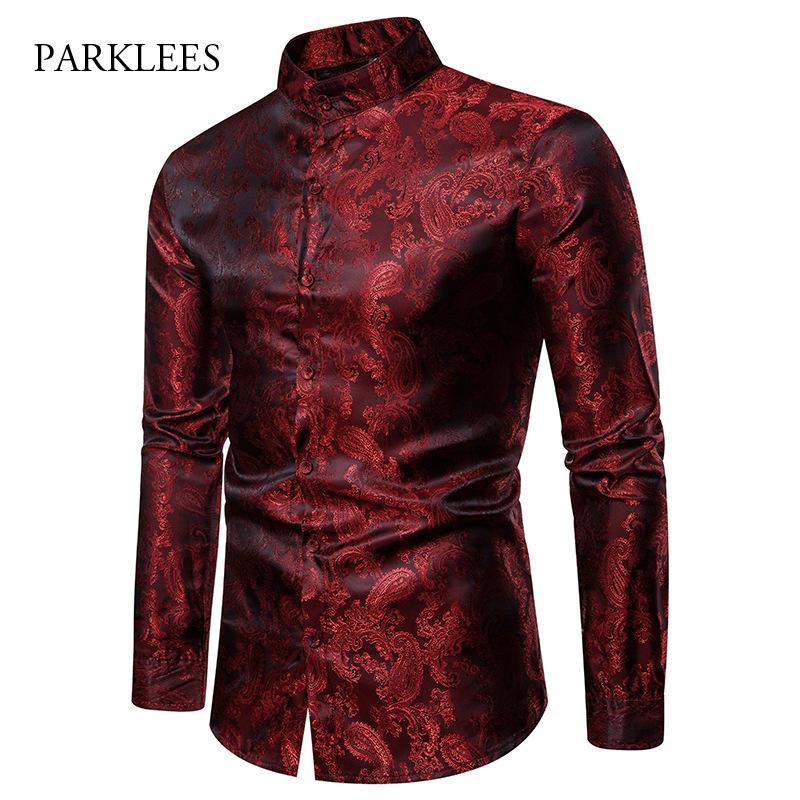 Luxury Men's Paisley Jacquard Dress Shirts 2019 Stylish Long Sleeve Mandarin Collar Slim Fit Night Club Party Prom Camisa Hombre