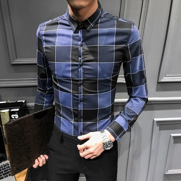 Hot Sale camisa xadrez masculina brand new 2019 slim fit men shirt all match plaid shirt dress night club prom tuxedo men 3xl-m