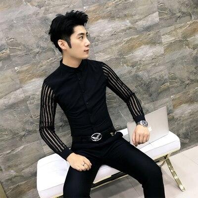 Men Shirt 2019 Spring Hollow Lace Patchwork Long Sleeve Shirt Men Streetwear Mens Shirts Casual Slim Fit Night Club Dress RS-367