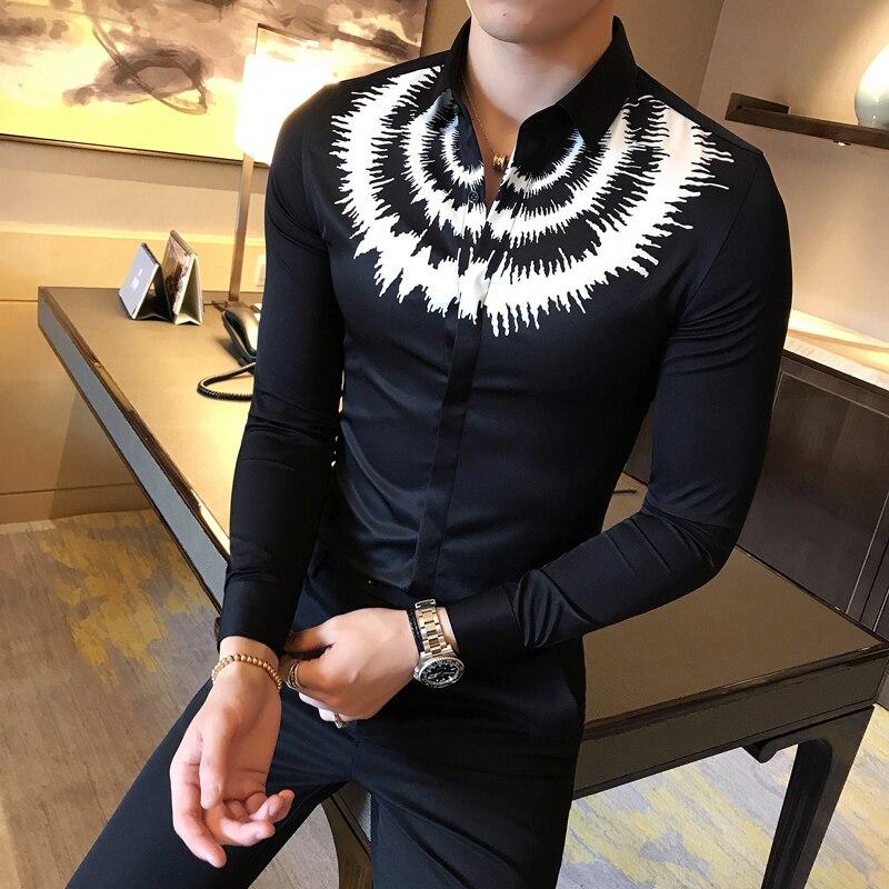 WSGYJ Digital Printed Casual Shirt Men Long Sleeve 2019 Korean Dress Slim Fit Tuxedo Shirts Night Club Work Shirt Men
