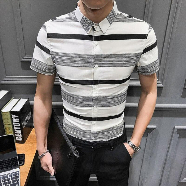 Summer Men Shirt Short Sleeve Simple Striped Shirts Men Slim Fit Casual Shirt Dress Night Club Prom Tuxedo Men Formal Wear 3XL-M