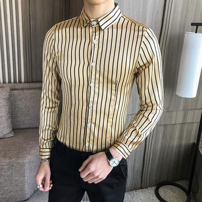 Striped Shirt Men Khaki White Long Sleeve Dress Slim Fit Tuxedo Clothing Plus Size M-5XL Night Club Social Casual Shirts Male