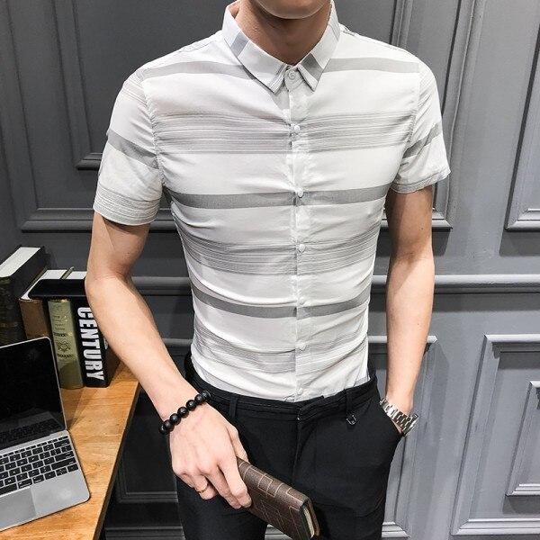 Summer Men Shirt Short Sleeve Simple Striped Shirts Men Slim Fit Casual Shirt Dress Night Club Prom Tuxedo Men Formal Wear 3XL-M