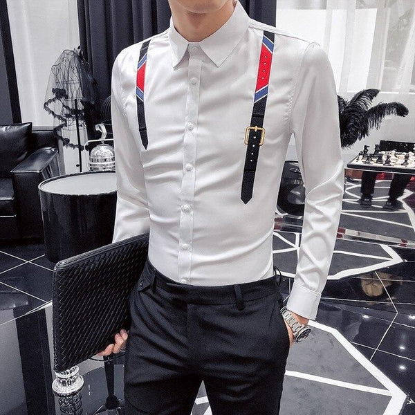Casual Bowtie Men Shirt Night Club Party Tuxedo Autumn Shirt Men 2019 Long Sleeve Front Strap Design Slim Fit Mens Dress Shirts