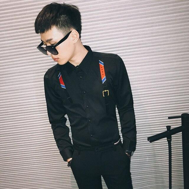 Casual Bowtie Men Shirt Night Club Party Tuxedo Autumn Shirt Men 2019 Long Sleeve Front Strap Design Slim Fit Mens Dress Shirts