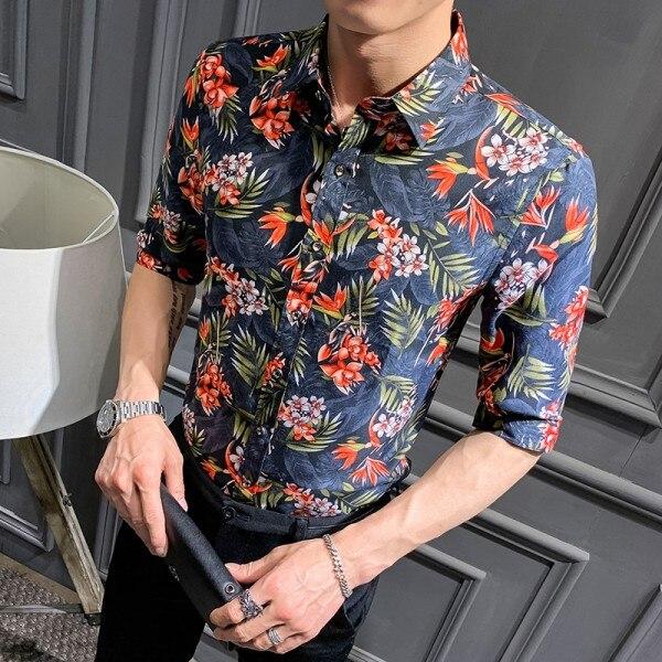 Summer Men Floral Shirt Fashion 2019 Streetwear Mens Shirts Casual Slim Fit Half Sleeve Shirt Dress Night Club Tuxedo Male 3XL-M