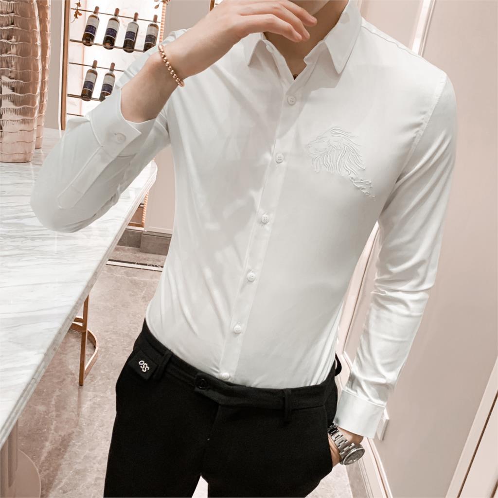 Solid Shirt Men Autumn New Long Sleeve Men Dress Shirts High Quality Embroidery Slim Fit Casual Party Wear Night Club Tuxedo 3XL
