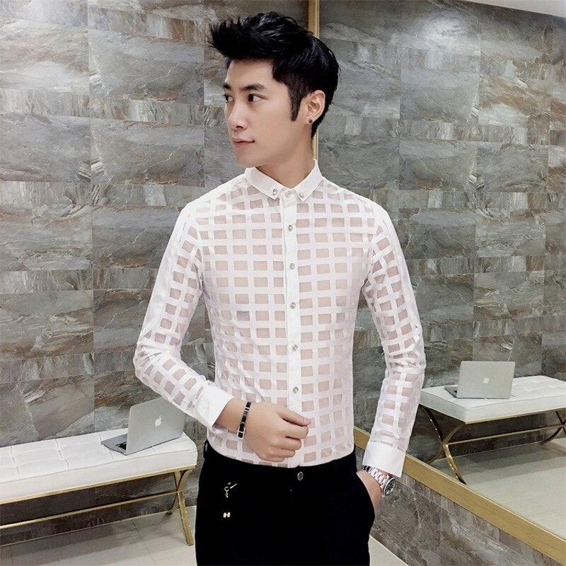 Spring Shirt Men Brand 2019 Long Sleeve Men Shirt Dress Sexy Hollow Plaid Shirts Men All Match Casual Night Club Party Tuxedo