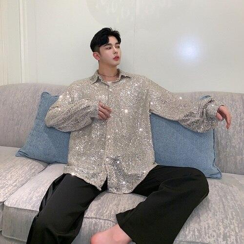 Men Long Sleeve Loose Casual Sequins Shining Shirt Male Vintage Fashion Party Dress Shirts Night Club Dancer Stage Clothing