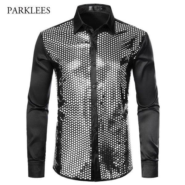 Shiny Sequin Dress Shirts Men 2019 New Fashion Night Club Silk Satin Camisas Masculina Stage Disco Chemise Homme Prom Costume