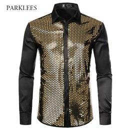 Shiny Sequin Dress Shirts Men 2019 New Fashion Night Club Silk Satin Camisas Masculina Stage Disco Chemise Homme Prom Costume