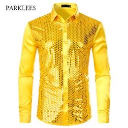 Shiny Sequin Dress Shirts Men 2019 New Fashion Night Club Silk Satin Camisas Masculina Stage Disco Chemise Homme Prom Costume