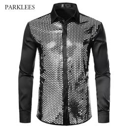 Shiny Sequin Dress Shirts Men 2019 New Fashion Night Club Silk Satin Camisas Masculina Stage Disco Chemise Homme Prom Costume