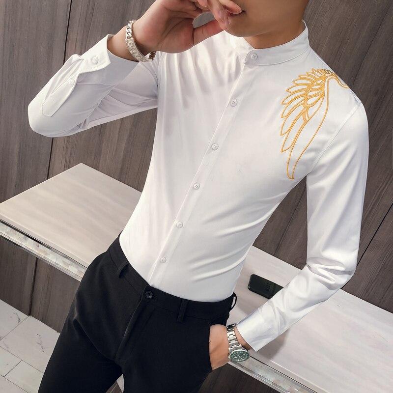Brand New Men Dress Shirt Fashion Autumn Embroidery Slim Fit Shirts Men Clothes 2018 Long Sleeve Casual Night Club Party Tuxedo