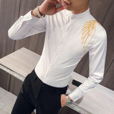 Brand New Men Dress Shirt Fashion Autumn Embroidery Slim Fit Shirts Men Clothes 2018 Long Sleeve Casual Night Club Party Tuxedo