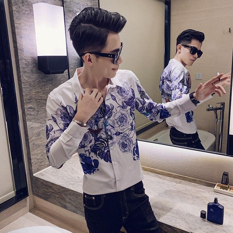 Fashion 2019 Floral Shirt Men Autumn New Long Sleeve Mens Casual Shirts Streetwear Slim Fit Night Club Tuxedo Shirt Dress 3XL-M