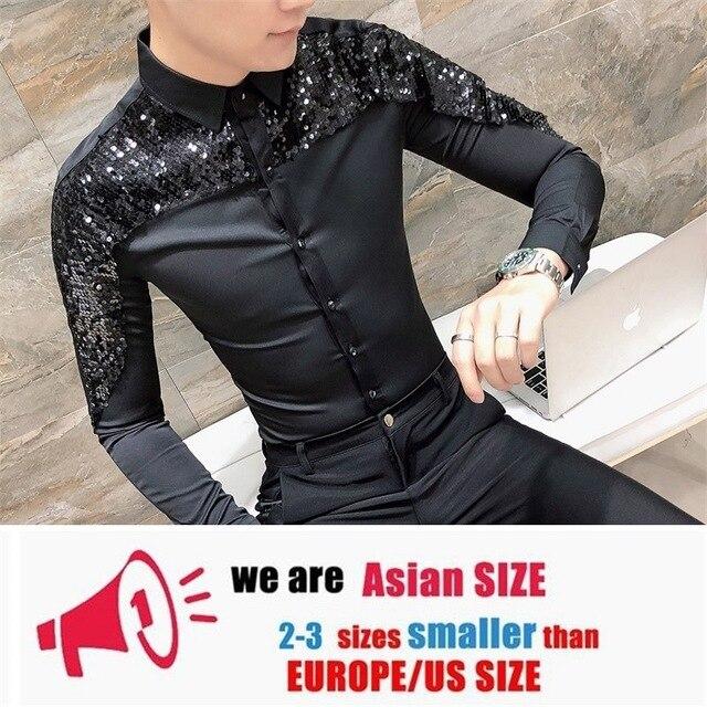 2019 Brand Slim Fit Men Shirt Korean Fashion Paillette Shirt Long Sleeve Casual Shirts Night Club Party Prom Dress Shirt camisa