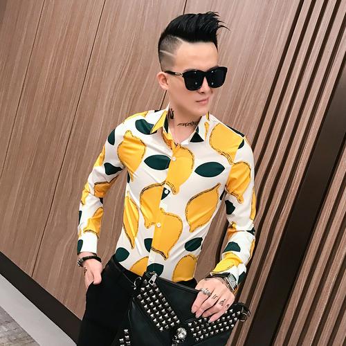 Lemon Pattern Men Shirts Long Sleeve Yellow Mens Shirts Casual Slim Fit Social Mens Dress Shirts Night Club Outfits Erkek Gomlek