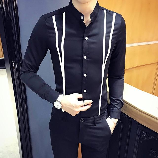 2019 Autumn Long Sleeve Shirt Man Stand Lead Shirt Men Shirt Fashion Streetwear Luxury Line Print Night Club Tuxedo Dress Shirt