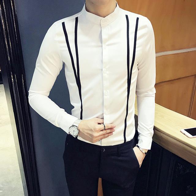 2019 Autumn Long Sleeve Shirt Man Stand Lead Shirt Men Shirt Fashion Streetwear Luxury Line Print Night Club Tuxedo Dress Shirt