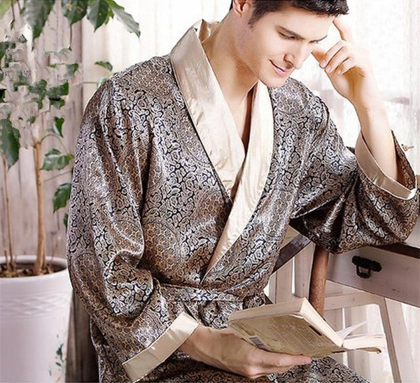 Mens Robes Long Sleeve Nightgown Mens Bathrobe Silk Long Sleeve Nightgown Kimono Home Bath Gown Male Printed Geometric Robes
