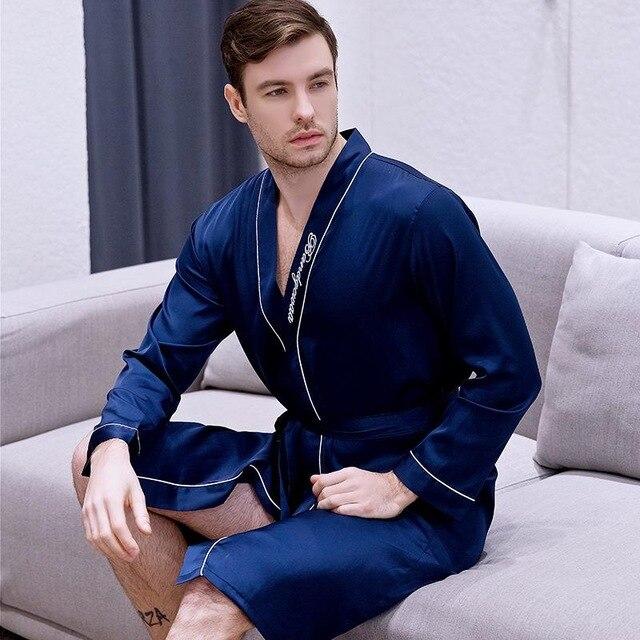Long Sleeve Men Satin Robe 2019 NEW Embroidery Kimono Bathrobe Gown Sleep Dress Casual Home Clothing Rayon Sleepwear Nightgowns