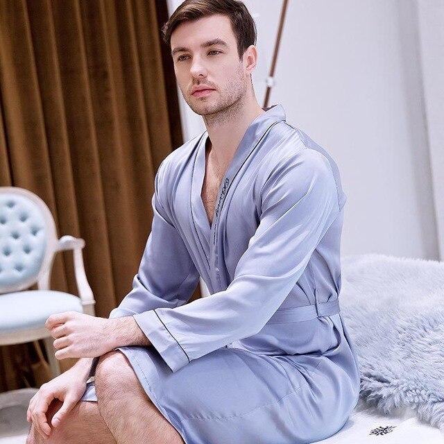 Long Sleeve Men Satin Robe 2019 NEW Embroidery Kimono Bathrobe Gown Sleep Dress Casual Home Clothing Rayon Sleepwear Nightgowns